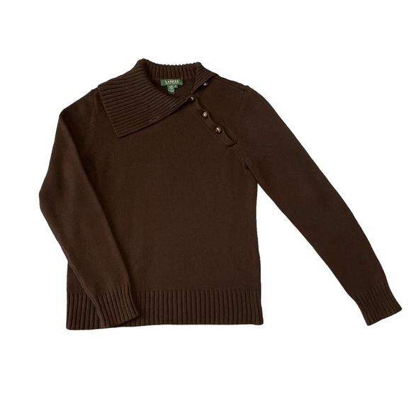 Lauren Ralph Lauren Side Turtleneck Shawl Collar Cotton Sweater. Brown M #1332 - Picture 1 of 7